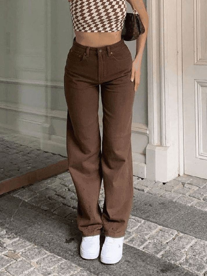 Straight Boyfriend Denim Baggy Jeans Vintage High Waist Boyfriend Jeans - AnotherChill Jeans Marron, Straight Leg Jeans Women, Jeans Online Store, Brown Jeans, Moda Jeans, Jean Vintage, Baggy Trousers, Carpenter Jeans, Jeans Online