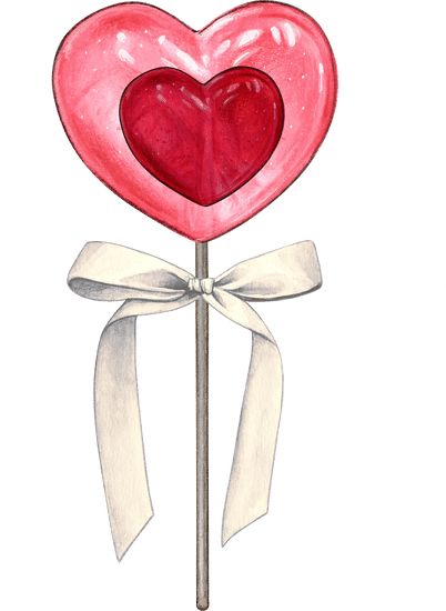 a drawing of a heart shaped lollipop on a stick with a white bow