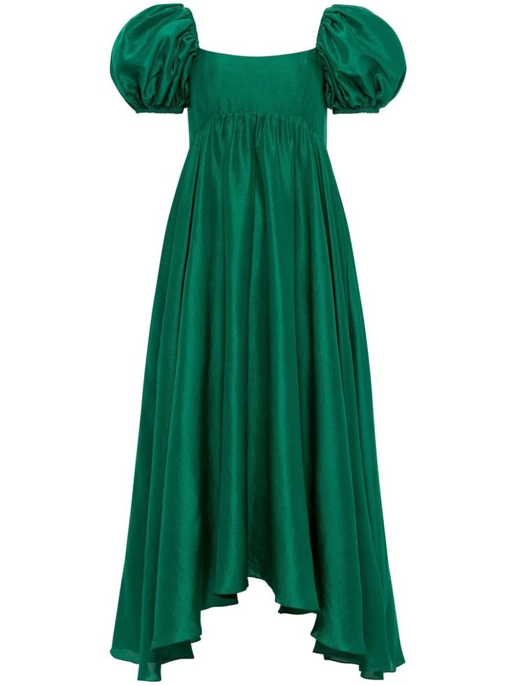 AZEEZA Rory Silk Midi Dress - Farfetch Cocktail Midi Dress With Gathered Sleeves, Flowy Silk A-line Midi Dress, Green Maxi Dress With Gathered Sleeves, Green Satin A-line Maxi Dress, Silk A-line Midi Dress For Cocktail, Fitted Green Maxi Dress With Gathered Sleeves, Chic Green Maxi Dress With Gathered Sleeves, Green A-line Silk Dress, Green Silk A-line Dress