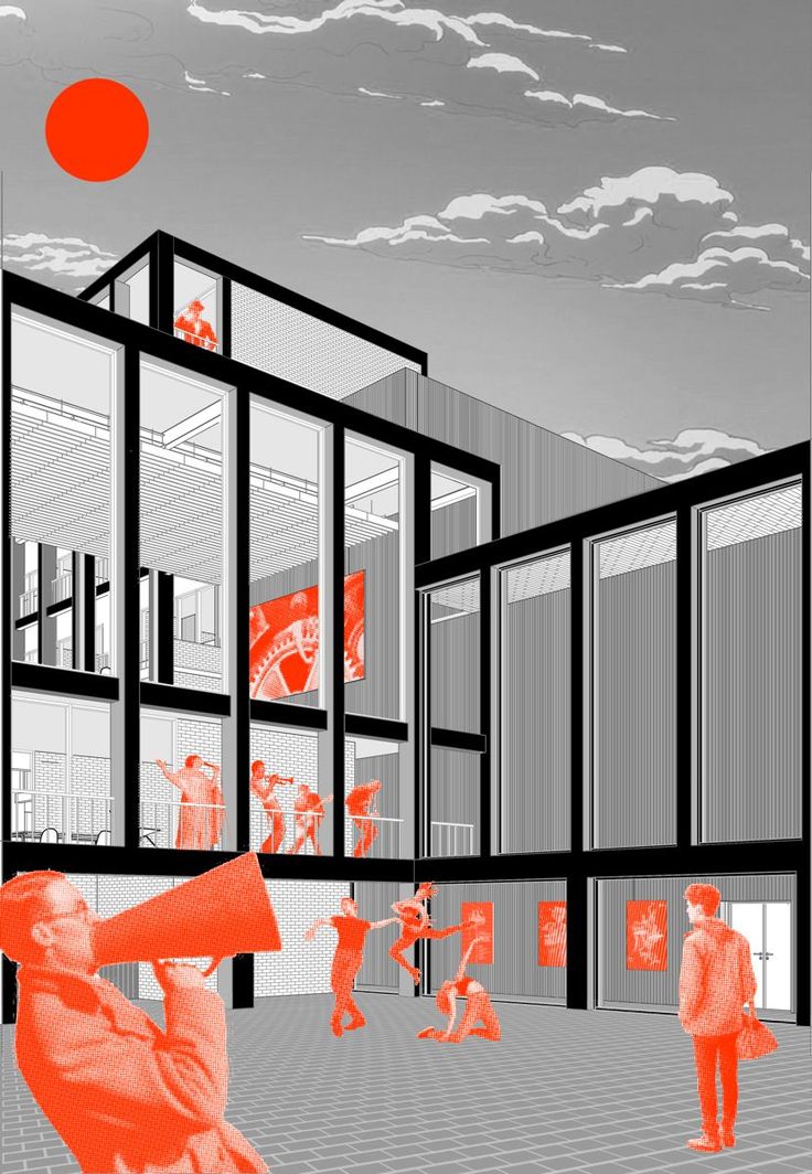 an orange and black drawing of people playing in a room with large windows on the wall