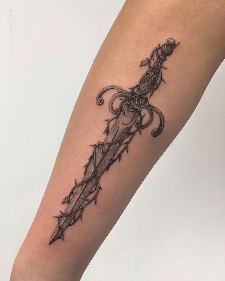 Daggar Tattoo, Dragon Tattoo Ideas, Knife Tattoo, Forarm Tattoos, Fantasy Tattoos, Dagger Tattoo, Calf Tattoo, Badass Tattoos, Tattoo Designs And Meanings