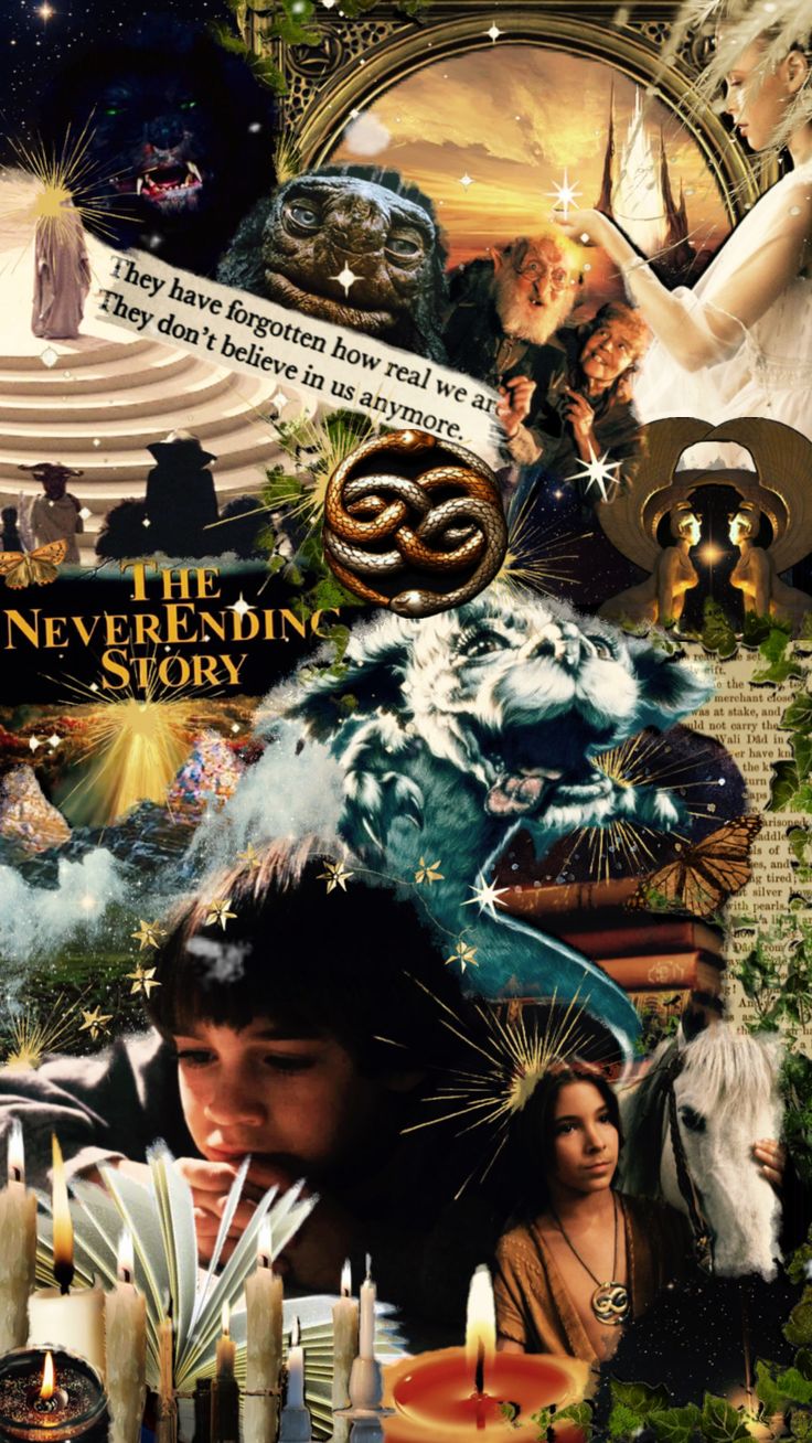 the never ending story collage with many different pictures and words, including an image of a