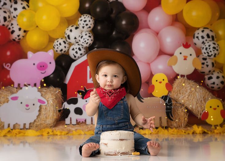 a baby wearing a cowboy hat and bandana sitting in front of a cake with farm animals on it