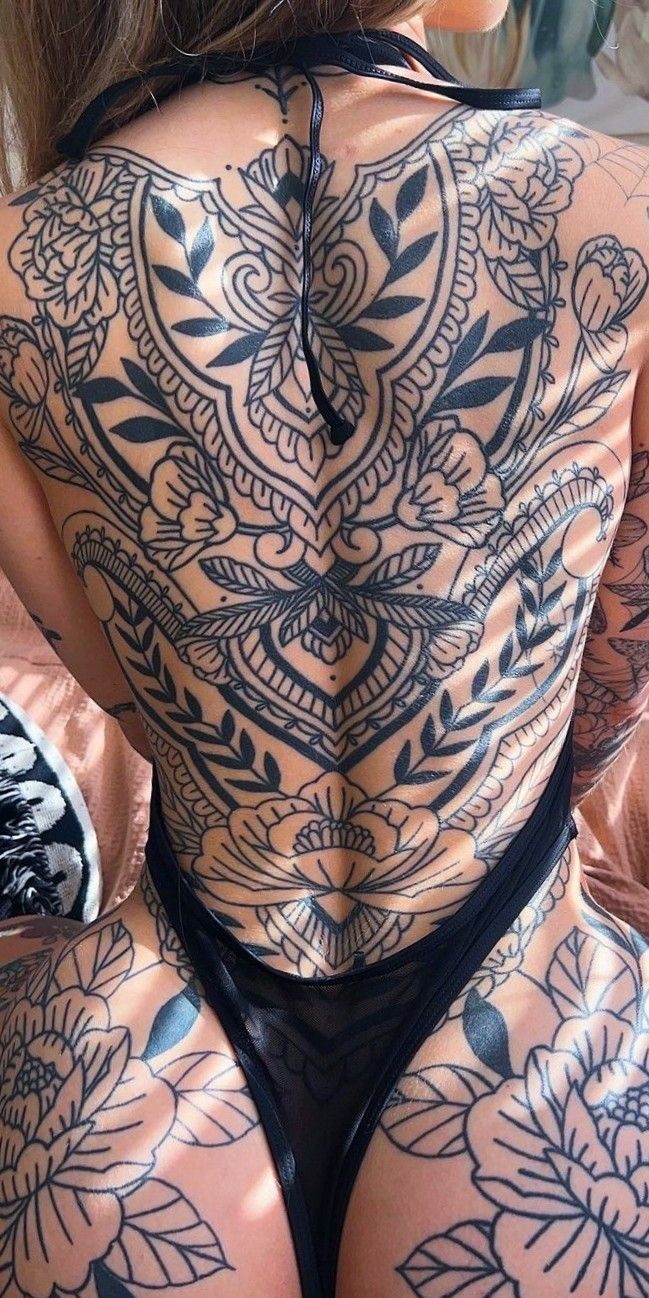 the back of a woman with tattoos on her body