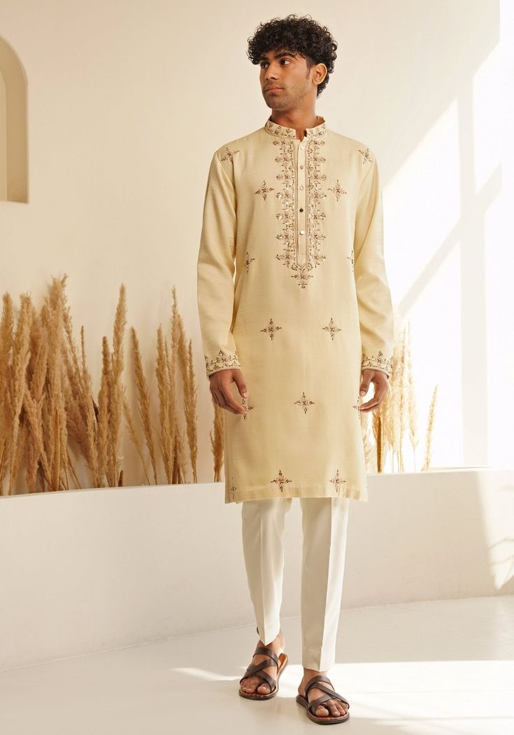 Ivory Chinese Collar Kurta Set Shreyansh - Fabilicious Fashion White Straight Kurta With Pearl Embroidery, Festive Straight Kurta For Reception, Elegant Beige Salwar Kameez For Reception, Off White Traditional Wear With Dabka For Designer Occasions, Designer Straight Kurta In Off White, Elegant Off-white Salwar Kameez With Straight Kurta, Straight Kurta For Diwali Reception, Straight Kurta For Reception And Diwali, Unstitched Off-white Kurta For Reception