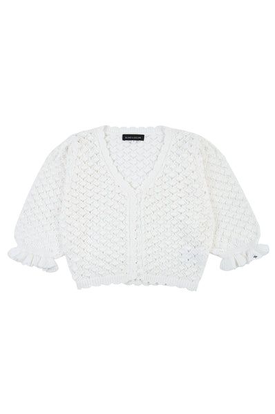 Chic White Pointelle Knit Cardigan, Spring Knit Cardigan With Puff Sleeves, White Ruffled Cardigan For Spring, Elegant Puff Sleeve Cardigan For Spring, White Casual Ruffled Cardigan, White Casual Cardigan With Ruffles, Casual White Ruffled Cardigan, White Ruffled Cardigan For Fall, Irene Kim