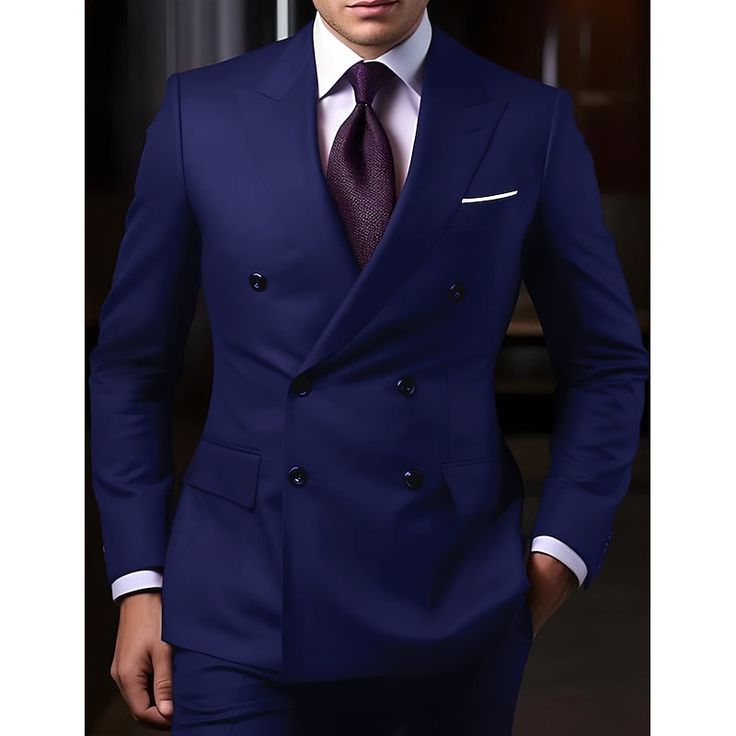 Category:Suits; Embellishment:Pocket; Season:Spring, Fall, Winter, Summer; Fabric:Cotton Blend; Front Closure:Double-Breasted Buttons; Style:Formal,Business,WorkWear,Dress; Includes:Pants,Jacket; Occasion:Wedding; Fit Type:Tailored Fit; Jacket Buttons:Double Breasted Six-buttons; Jacket Vents:Single (Center); Jacket Pockets:Straight Flapped; Pattern:Solid Colored; Neckline:Peak; Listing Date:10/25/2023; Production mode:External procurement; Pant Length:; Pants Waist:; Shoulder Width:; Sleeve Len Cheap Suits, Formal Business, Tuxedo Suit, Purple Guy, Wedding Suits Men, Jacket Buttons, Dress Suits, Workwear Dress, Wedding Men