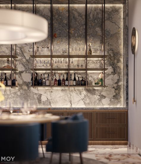 an elegant bar with marble walls and shelves