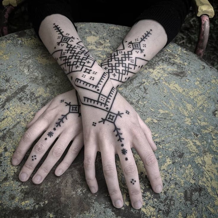 two hands with tattoos on them sitting on top of a large rock, one is holding the other's hand