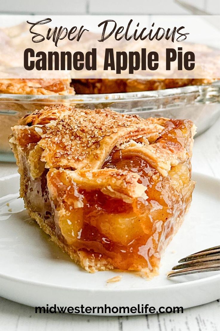 a close up of a pie on a plate with the words super delicious canned apple pie