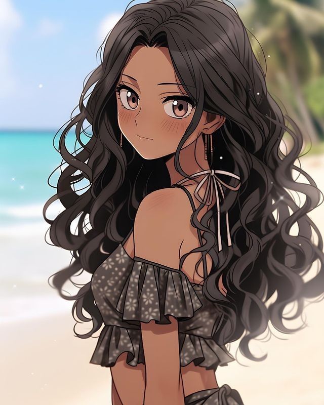 Anime Oc Female Curly Hair, Tan Skin Anime Woman, Latina Anime Character, Brown Skin Anime Female, Female Character Design Brunette Anime, Black Anime Girlies, Curly Anime Hair, Anime Latina, Cool Brown Hair