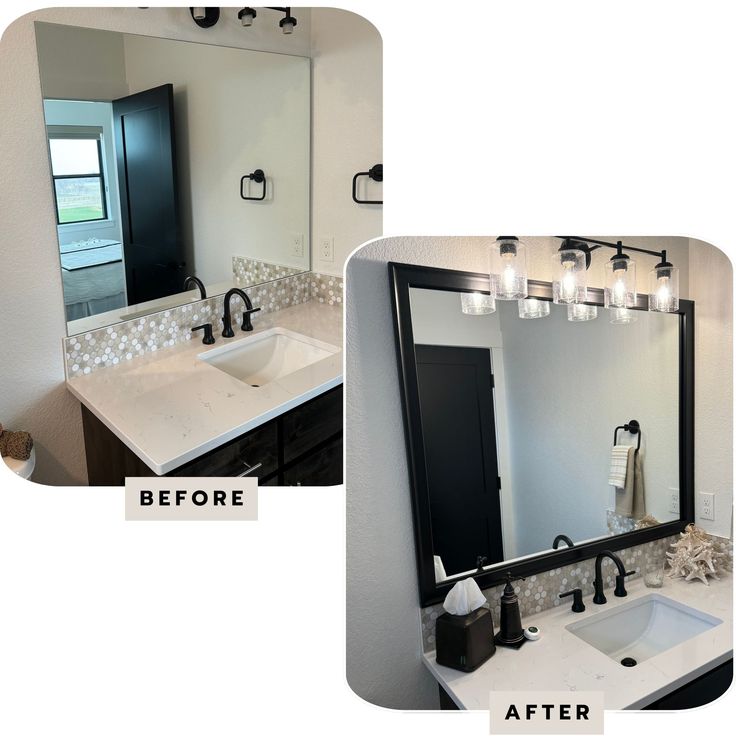 before and after photos of a bathroom vanity mirror with lights on the top, and below