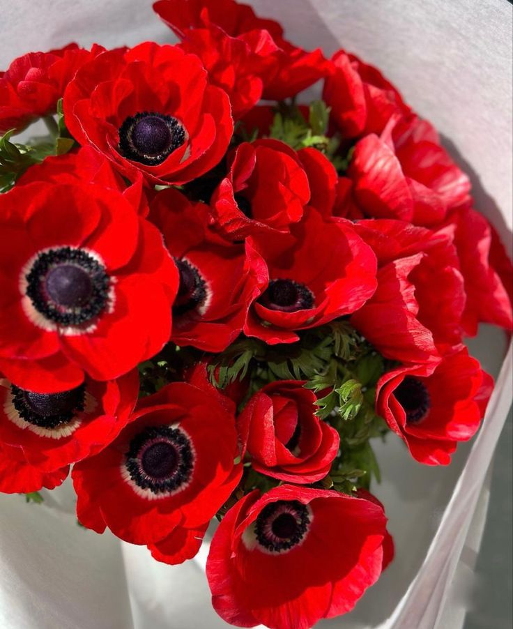 a bouquet of red flowers in a white vase