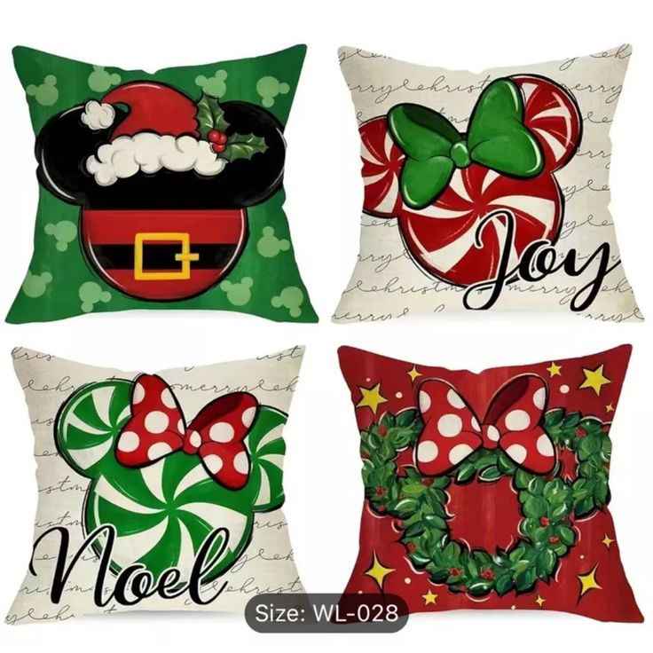 four pillows with christmas decorations on them