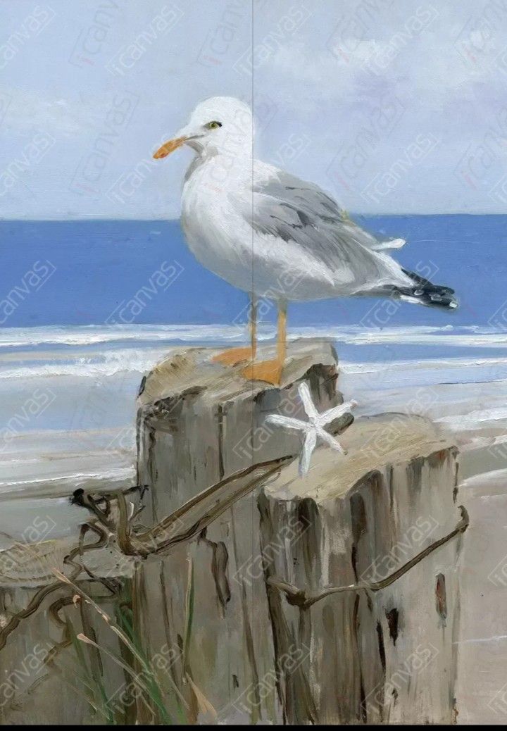 a painting of a seagull sitting on a piece of wood at the beach