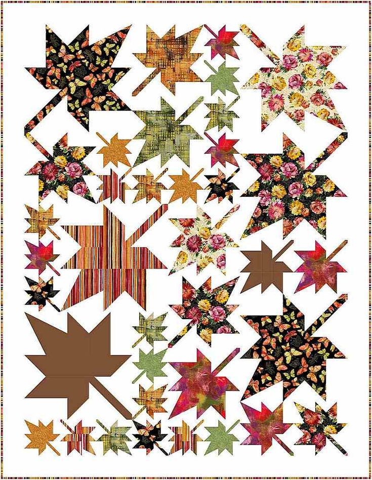 a quilt with many different shapes and colors on the front, along with an image of leaves