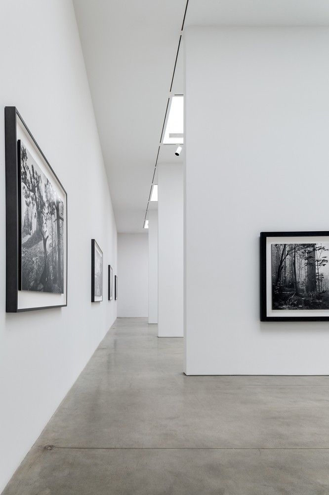 an empty white room with black and white pictures on the wall, along with two framed photographs