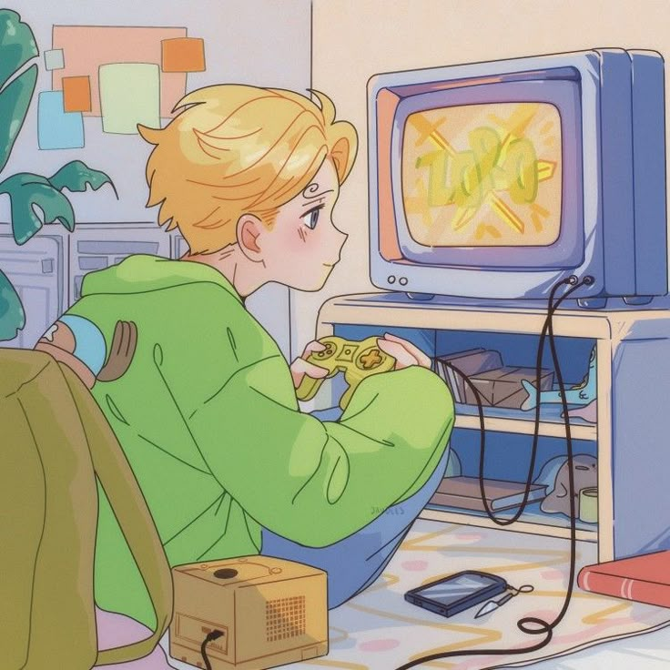 a boy sitting in front of an old tv