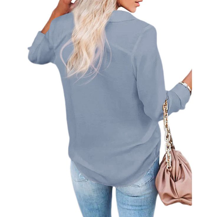 Gray Button V Neck Long Sleeve Shirt Fall V-neck Top With Placket, Fall V-neck Shirt With Button Closure, Casual Long Sleeve Tops With Roll-up Sleeves, Solid Color Shirt With Lapel Collar For Fall, Solid Color Tops With Roll-up Sleeves For Office, Casual Button-up Blouse With Placket, Casual Lapel Collar Blouse For Business, Business Casual Blouse With Lapel Collar, Casual Blouse With Lapel Collar For Business