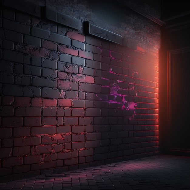 an empty room with brick walls and red light coming from the door, 3d rendering