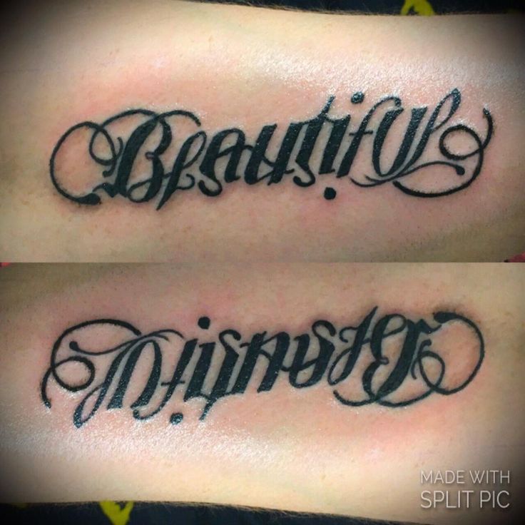 two tattoos with the words beauty and minds written on each side of their arms in cursive font