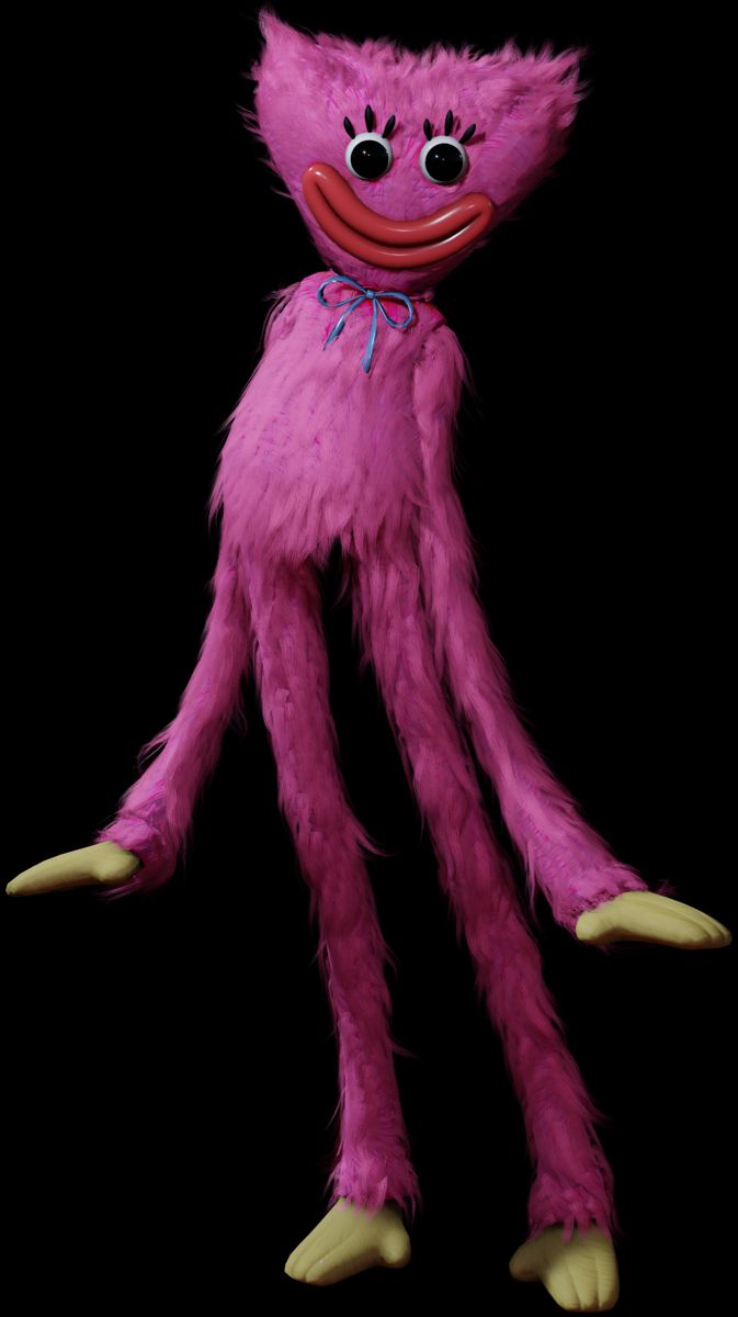 a pink stuffed animal with big eyes and long legs, standing in front of a black background