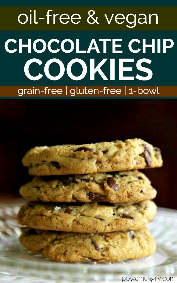 chocolate chip cookies stacked on top of each other with text overlay that reads, oil - free & vegan chocolate chip cookies