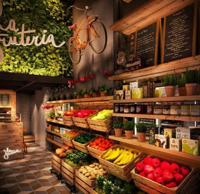 the inside of a grocery store filled with lots of fresh fruits and vegetables on shelves