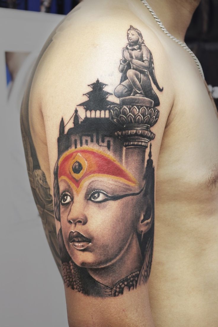 Nepali Tattoo Design, Kumari Goddess, Nepali Tattoo, Nepal Tattoo, Yogi Tattoo, Cloth Drawing, Black And Grey Sleeve, Goddess Laxmi, Tattoo Culture