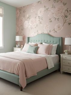 a bedroom decorated in pastel colors with pink and green accents, including a large floral wallpaper