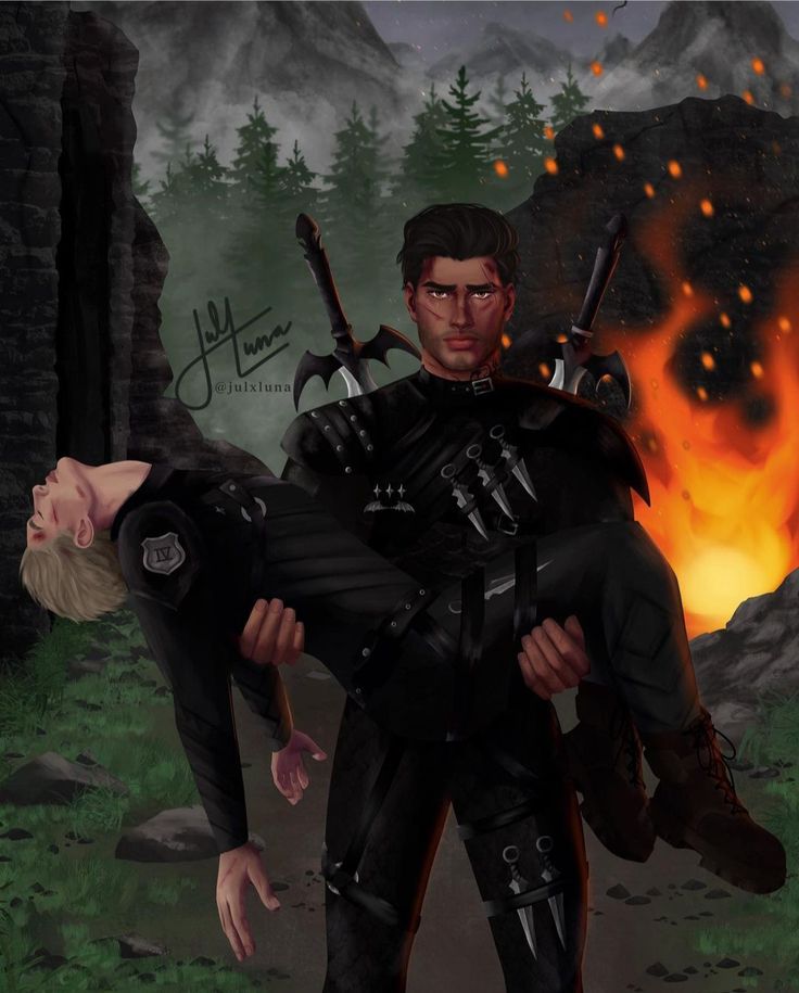 a man carrying a woman on his back in front of a fire with mountains behind him