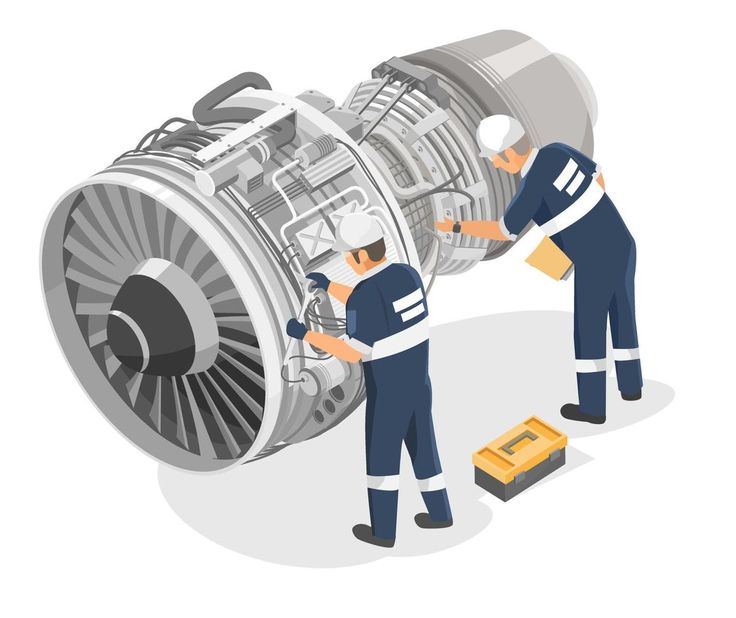 two men working on an airplane engine