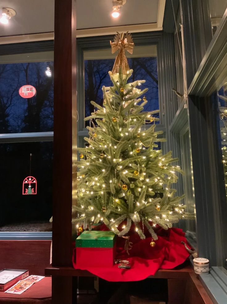 a small christmas tree in front of a window