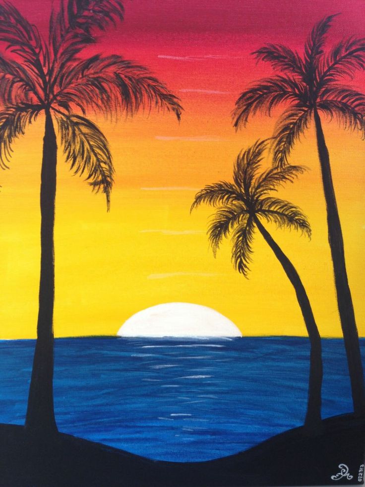 a painting of palm trees and the ocean at sunset