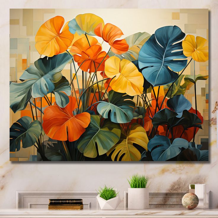 an abstract painting of colorful flowers on a wall