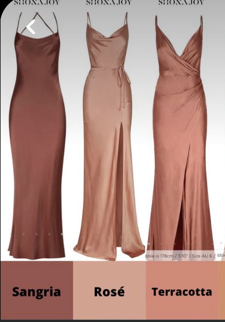 three dresses with different colors on them, one in pink and the other in brown