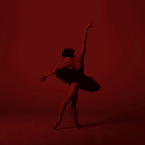 a ballerina in black tutu and red background