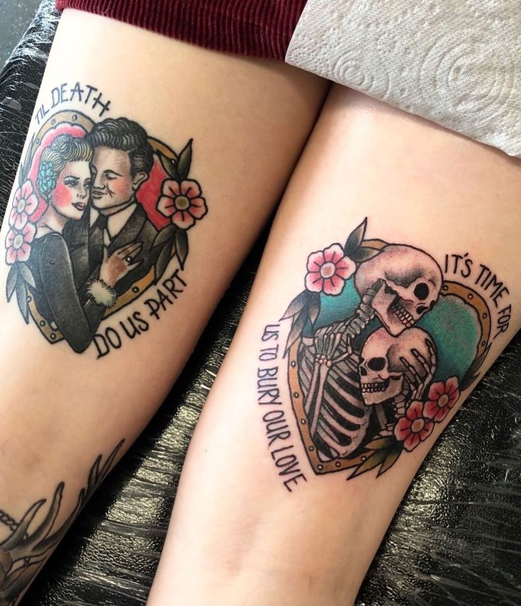 two people with tattoos on their legs, one has a skull and the other has a heart