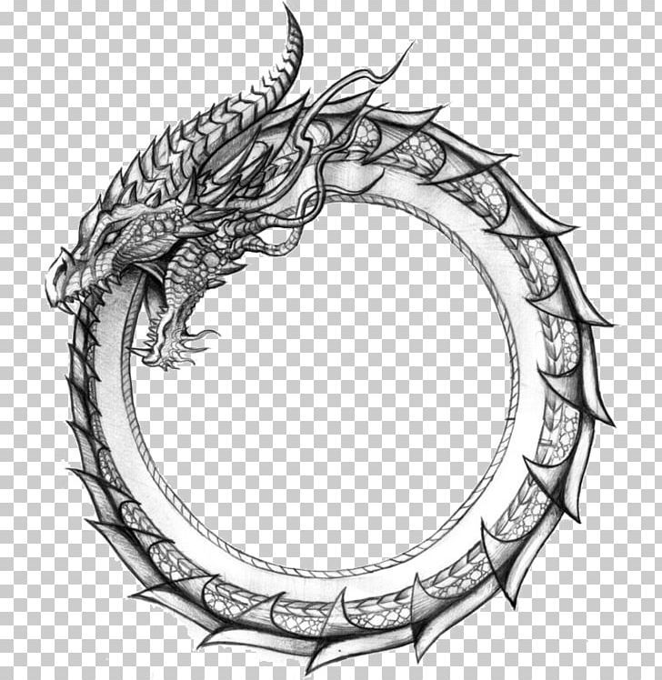 a black and white drawing of a dragon in the middle of a circle, with no background