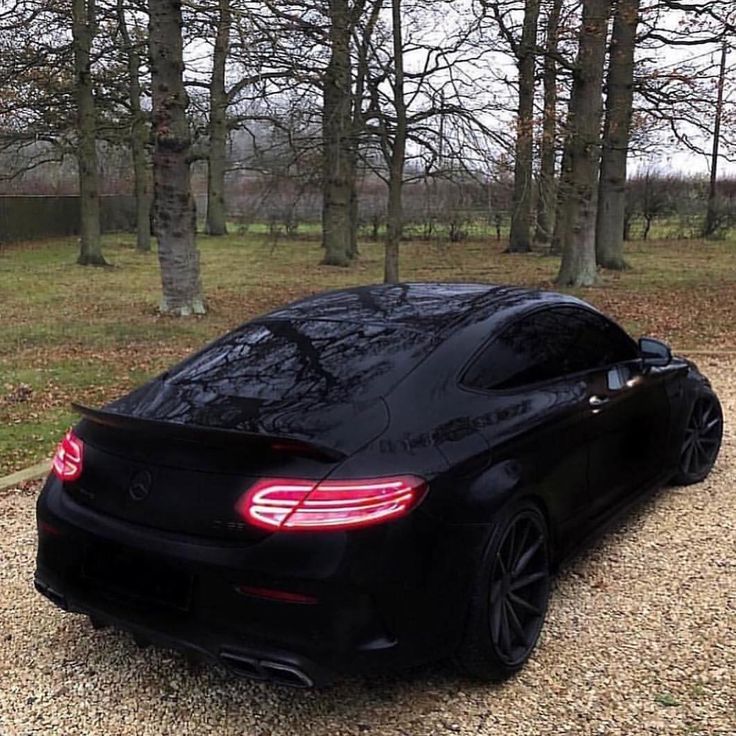 a black sports car parked in front of some trees and grass with its lights on