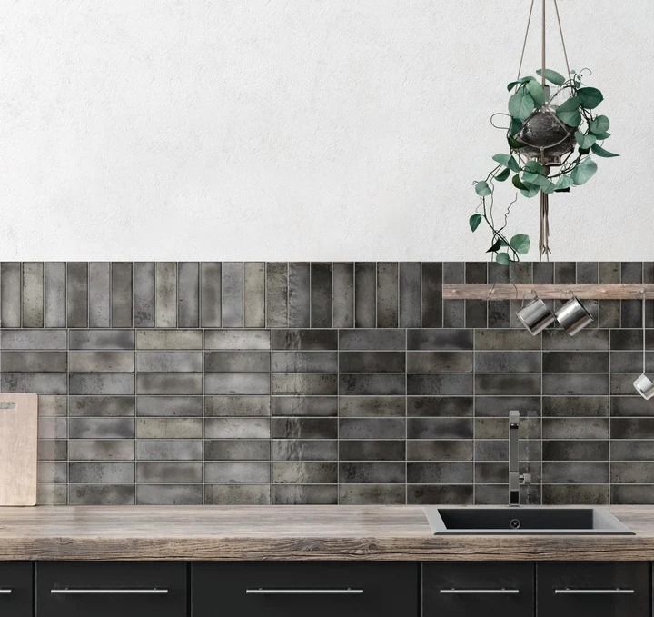 a kitchen with black cabinets and grey tile backsplash, potted plant on the counter