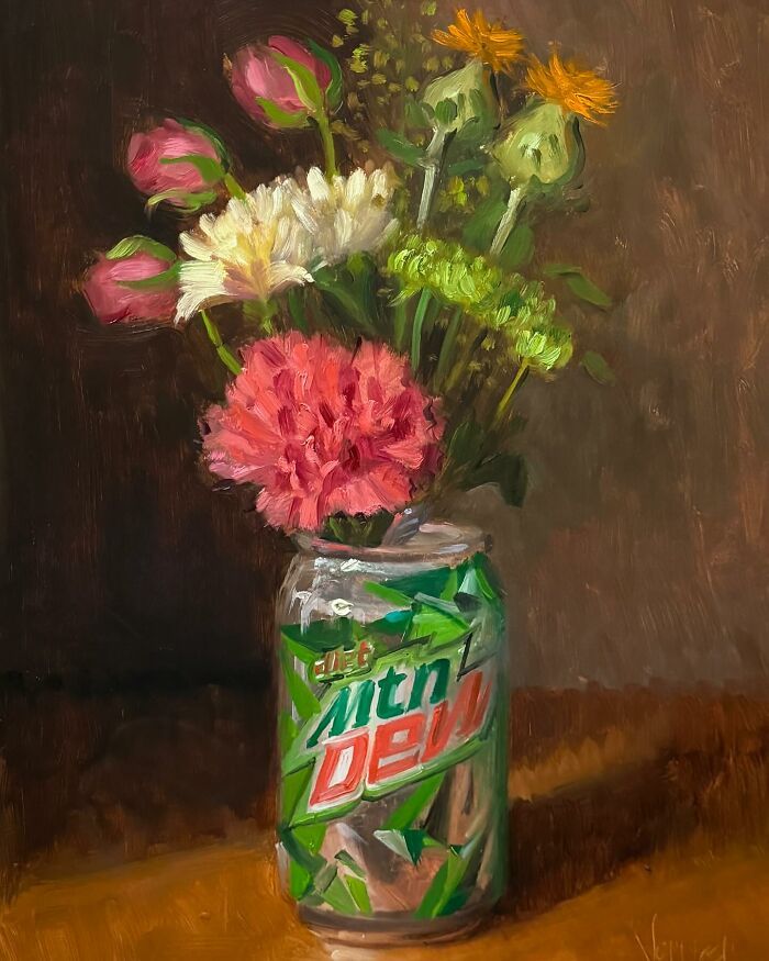 a painting of flowers in a can on a table