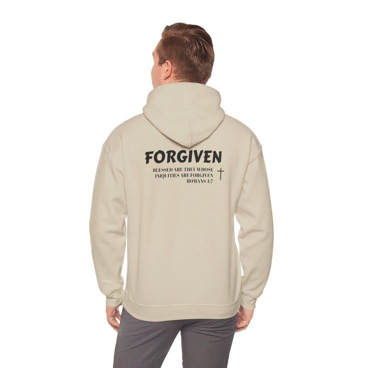 Cross on front Forgiven Original Christian Design Bible Verse DESIGN ON BACK This unisex heavy blend hooded sweatshirt is relaxation itself. Made with a thick blend of cotton and polyester, it feels plush, soft and warm, a perfect choice for any cold day. In the front, the spacious kangaroo pocket adds daily practicality while the hood's drawstring is the same color as the base sweater for extra style points. .: Made with a medium-heavy fabric (8.0 oz/yd² (271 g/m that consists of 50% cotton and Inspirational Hoodie Sweatshirt For Fall, Inspirational Hooded Sweatshirt For Fall, Inspirational Hooded Fall Sweatshirt, Inspirational Fall Hoodie Sweatshirt, Inspirational Letter Print Sweatshirt For Winter, Inspirational Cotton Hoodie For Winter, Inspirational Cotton Winter Hoodie, Inspirational Winter Streetwear Sweatshirt, Clothes Hoodie