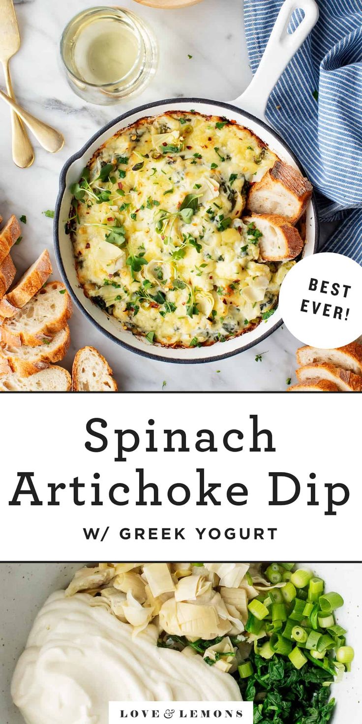 spinach artichoke dip with greek yogurt and bread on the side