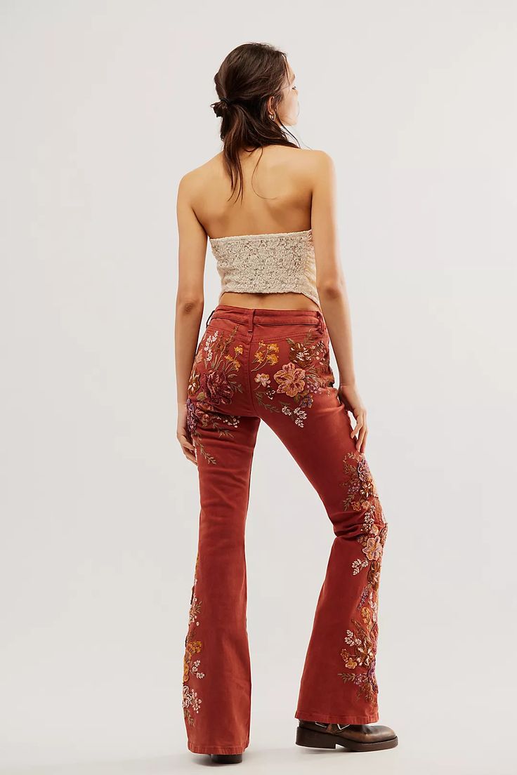 Driftwood Farrah Embroidered Flare Jeans | Free People Unique Rave Outfits, All Jeans, Red Fits, Embroidered Jeans, Vintage Inspired Design, Rave Outfits, Pocket Design, Boho Outfits, Floral Embroidery