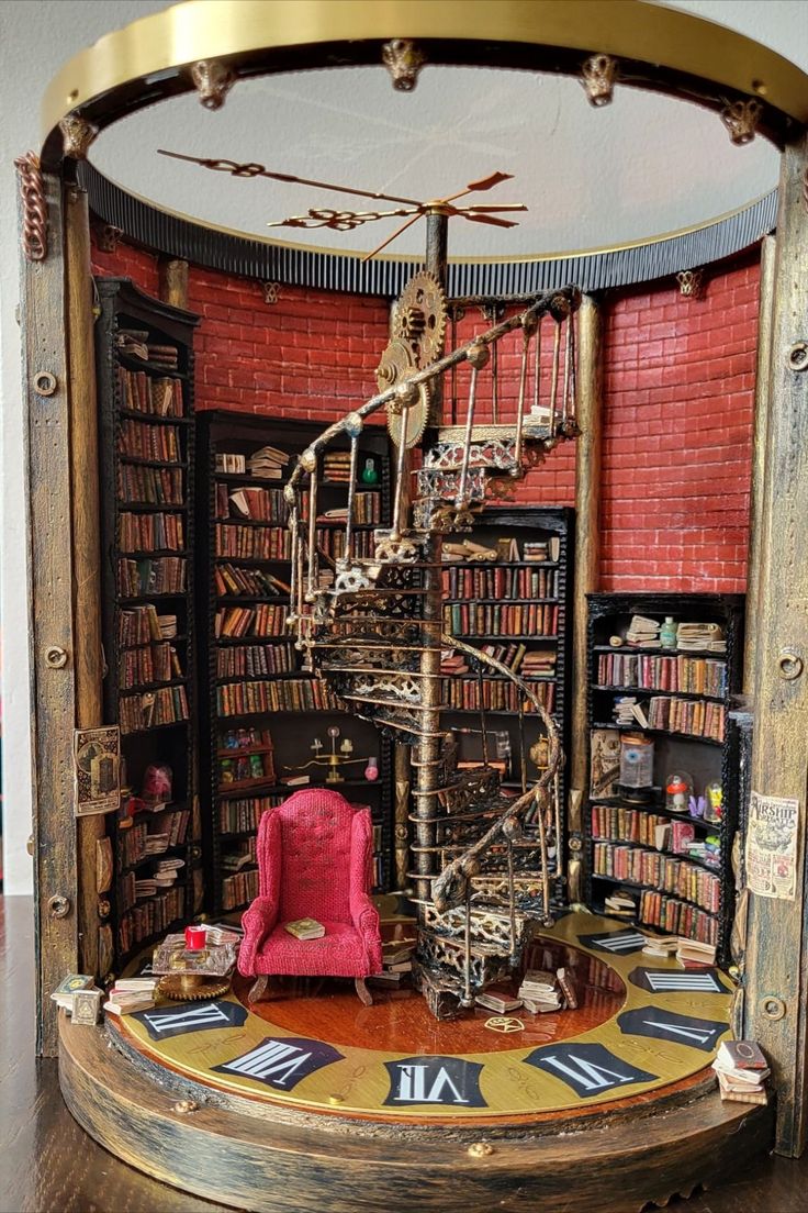 a room with a spiral staircase and bookshelf in the center, filled with lots of books