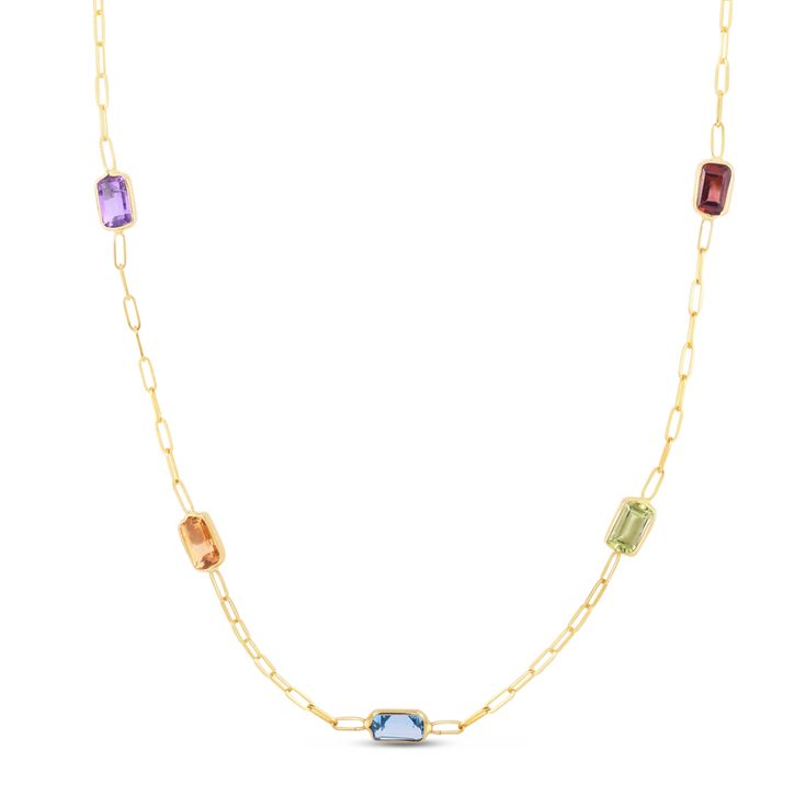 This multicolored gemstone paperclip chain is so fun and vibrant! Get ready for people to be turning their heads to get a glimpse of this eye-catching piece!14K Yellow Gold Garnet, Citrine, Peridot, Blue Topaz, Amethyst Each stone measures: 6 x 4 millimetersChain Length: 17 inchesLobster Clasp Royal Chain, Semi Precious Necklace, Paperclip Necklace, Rainbow Gemstones, Gold Polish, Metal Bracelets, 14kt Gold, Chain Bracelet, Blue Topaz