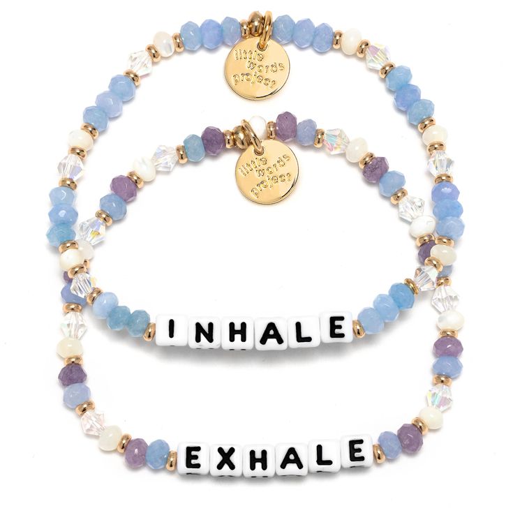 In honor of Mental Health Month, we’ve created a daily reminder to help you breathe, heal, and grow. All it takes is a moment to reset as you look down at your wrist: breathe in the good vibes, exhale the negativity. This two-set bracelet pack is handcrafted with crystal, mother of pearl, and faceted glass rondelle beads. Details: 2 Hand-crafted, beaded bracelets made with glass, crystal, and mother of pearl beads Plated brass hardware Elastic stretch bracelet Handle with care - do not wet Sizin Water Bracelet, Little Words Project, Initial Birthstone Necklace, Affirmation Bracelets, Mental Health Month, Blessing Bracelet, Bracelet Pack, Set Bracelet, Awareness Bracelet