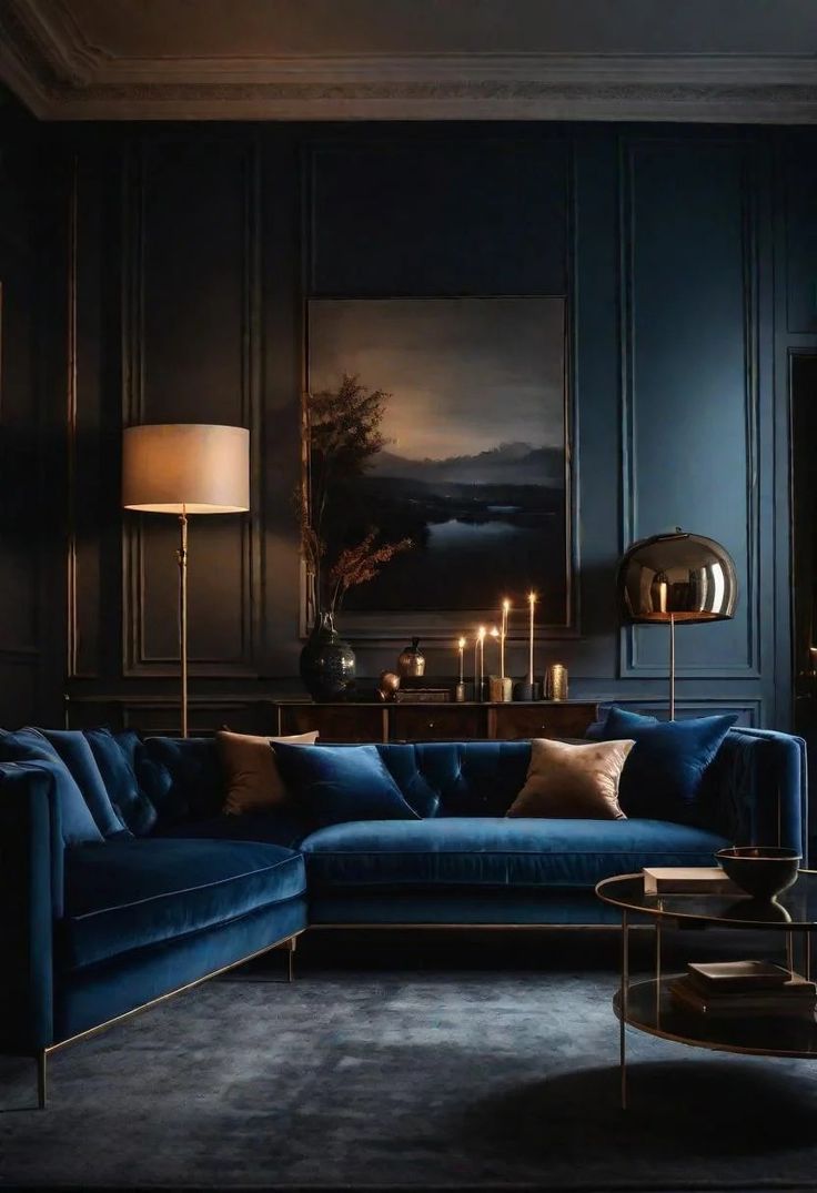 a living room with dark walls and blue couches in the center, surrounded by candles