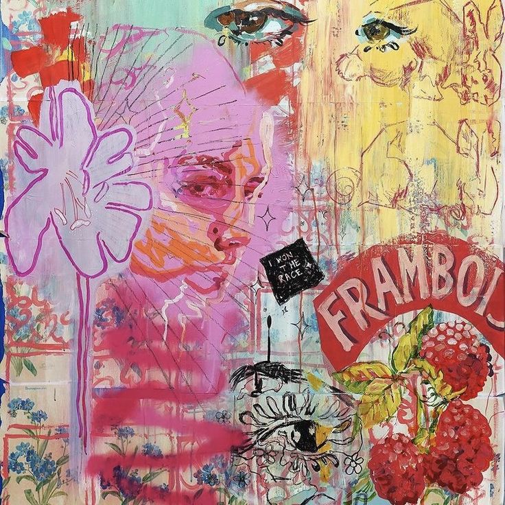 an abstract painting with flowers, fruit and people's faces on the bottom right corner